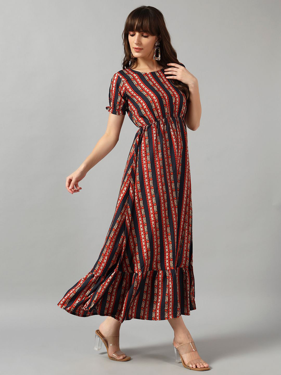 Krunal Raiyani Women Striped Printed Tiered Crepe fFit & Flare Maxi Dress