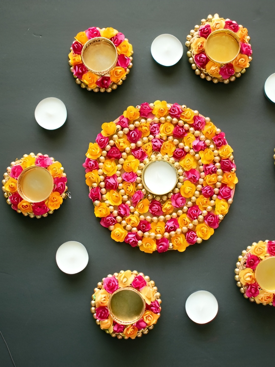 Sellplus Yellow & Pink Decorative Flower With Moti Candle Holder