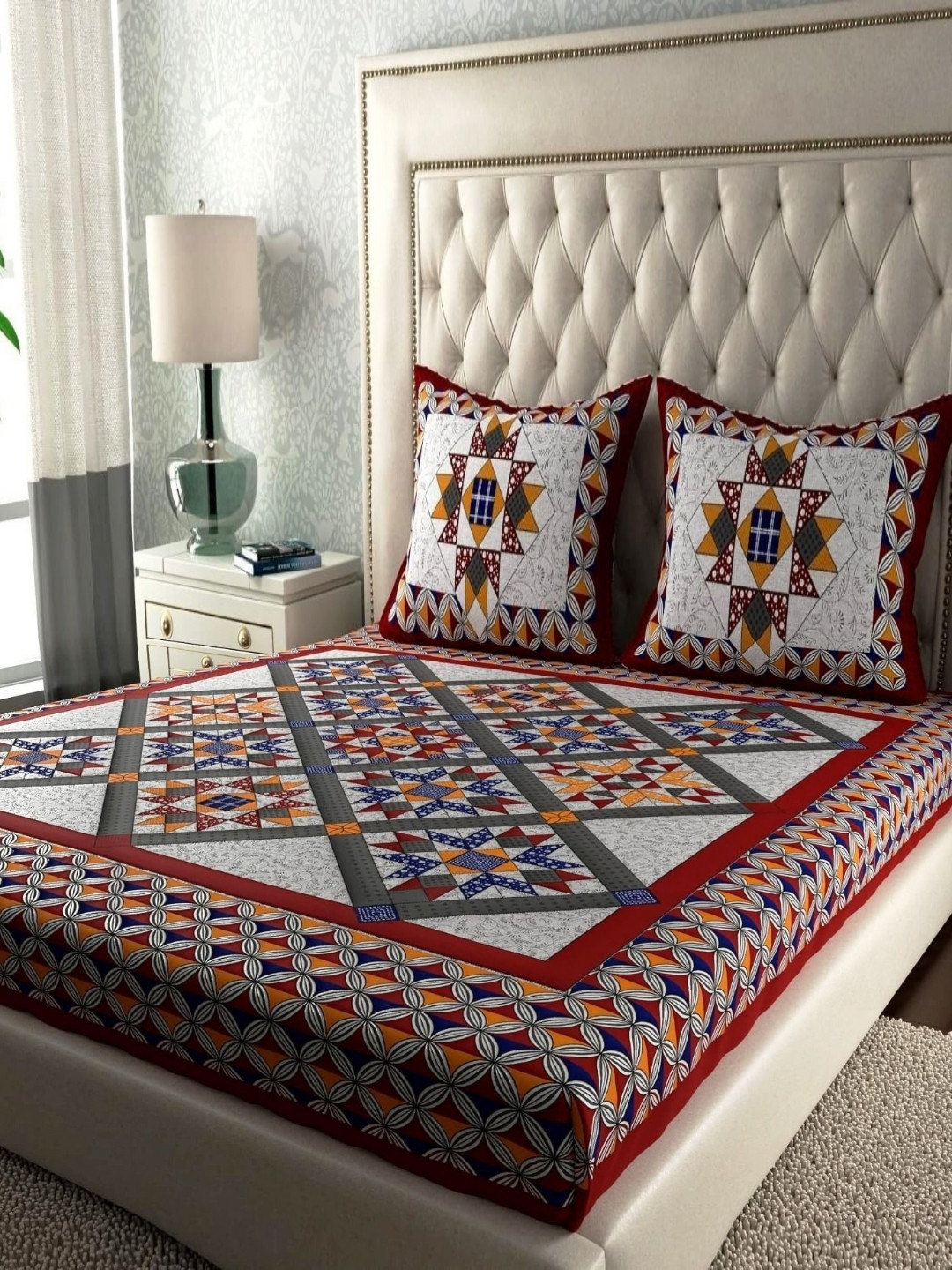 Cotton Choice Grey & Red Printed Cotton 180 TC Double King Bedsheet Set 2.15 m x 2.35 m