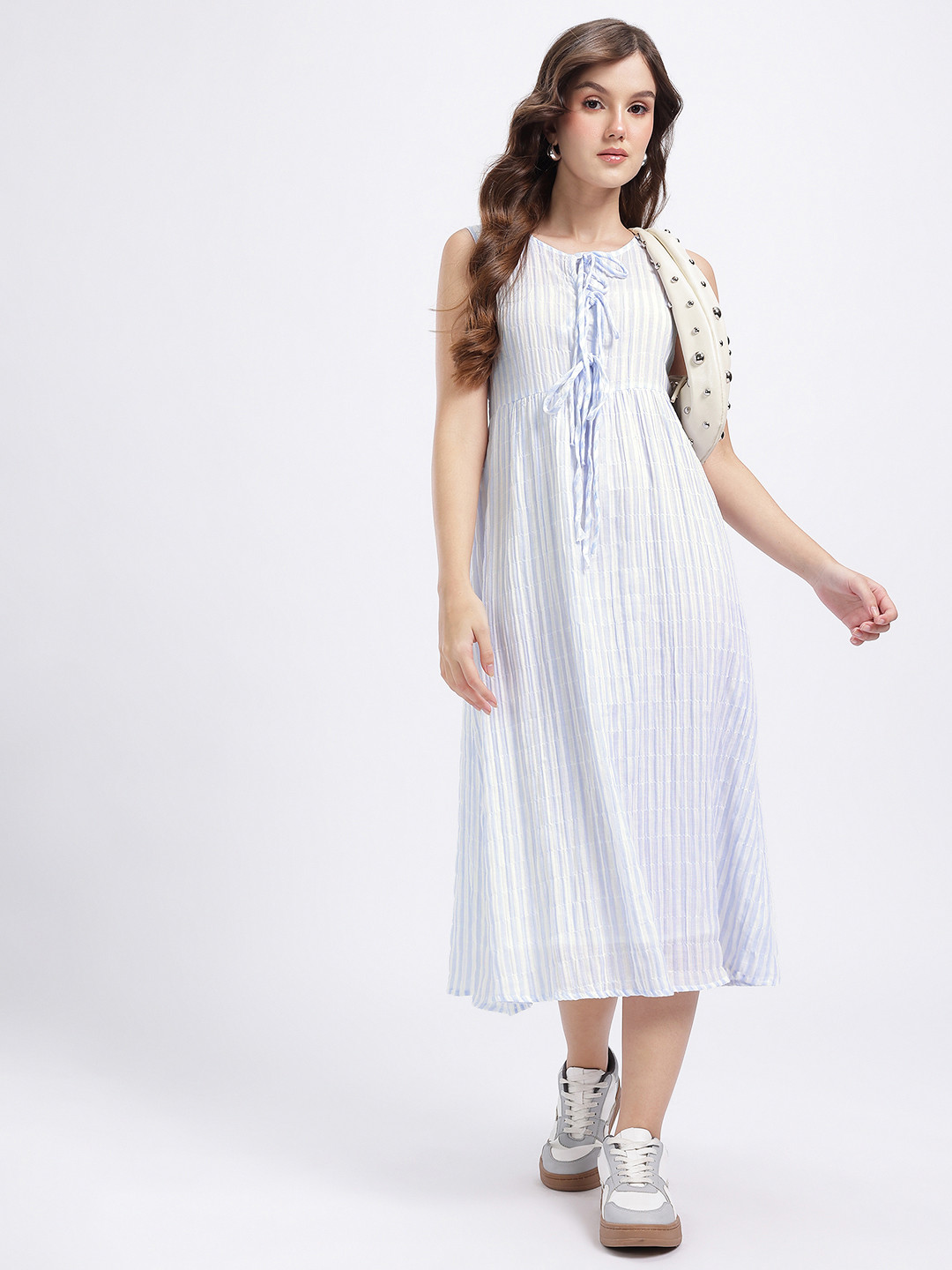glitchez Tied-Up Neck Striped Fit & Flare Dress