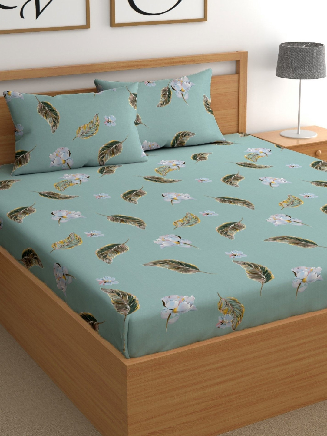 CHHAVI INDIA Green Floral 210 TC Bedsheet Set 2.50 m X 2.25 m