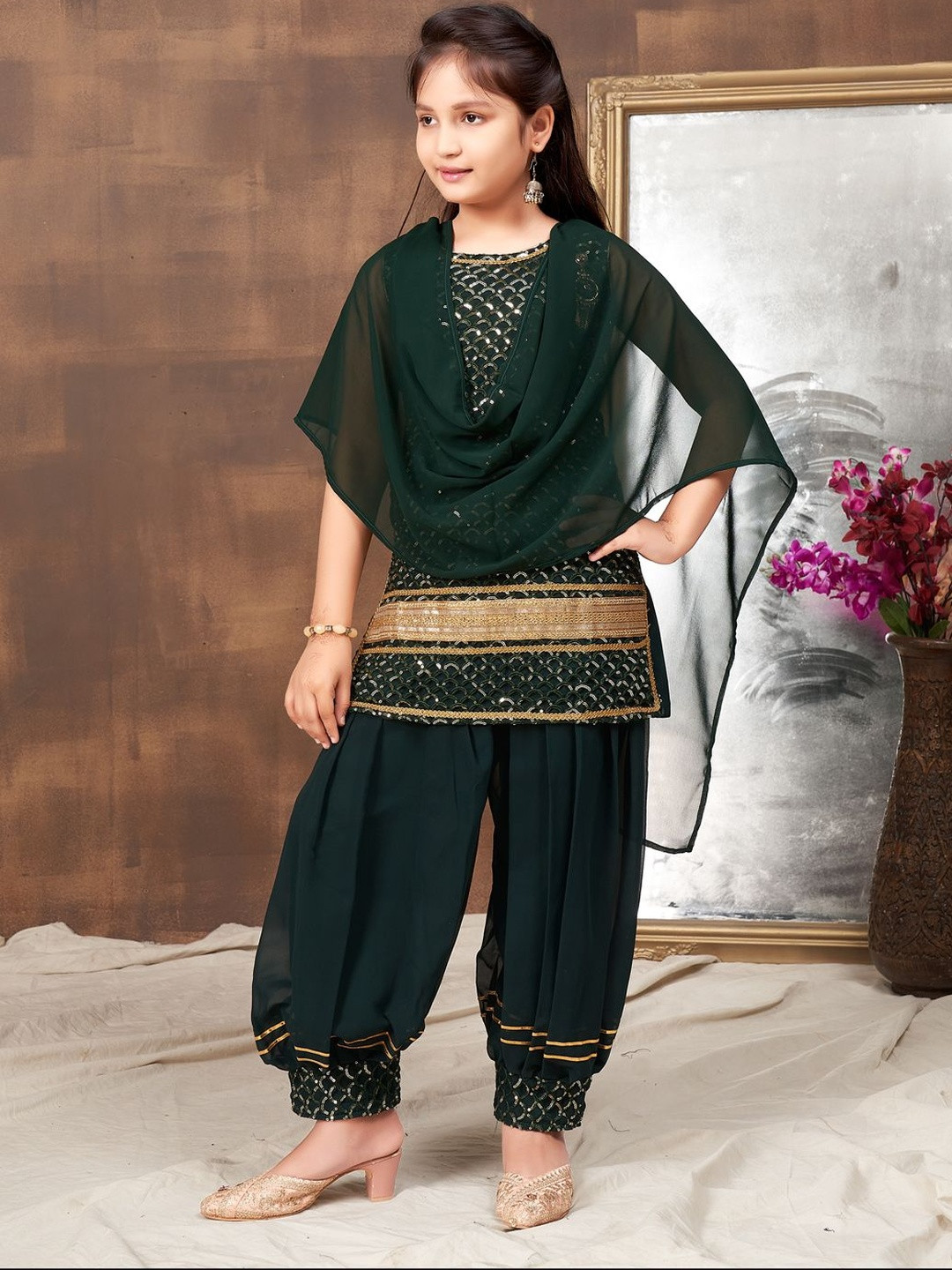 BAESD Girls Ethnic Motifs Embroidered Lace Work Kurta with Patiala & With Dupatta