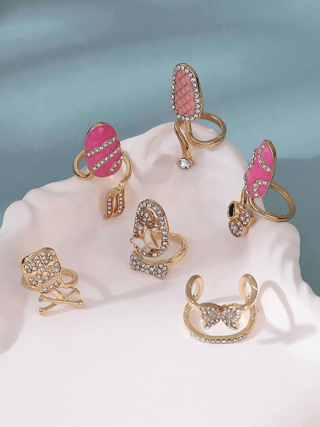 SOHI The Belle Set Of 6 Gold-Plated Stone Studded Nail Finger Rings