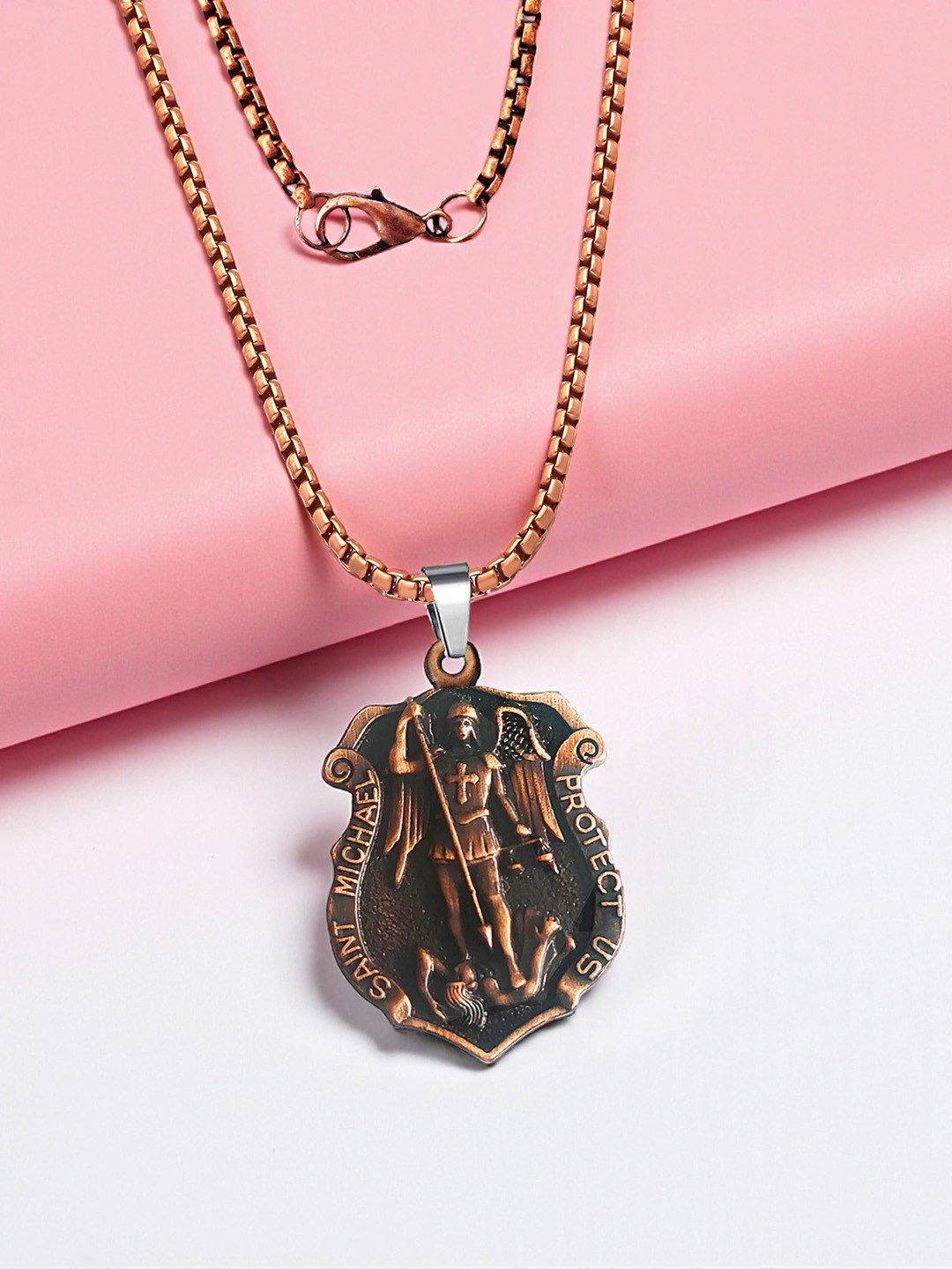 THE MEN GIFT Copper-Plated Saint Michael Contemporary Shaped Pendant with Chain