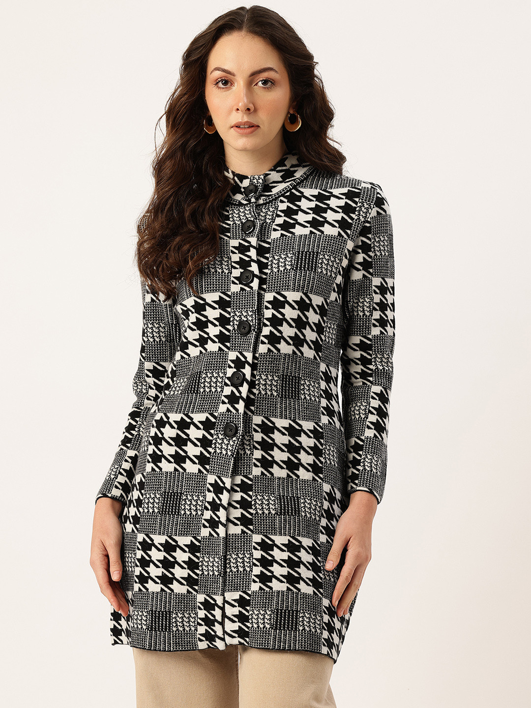 APSLEY Houndstooth Self-Design Mock Collar Button-Down Longline Cardigan