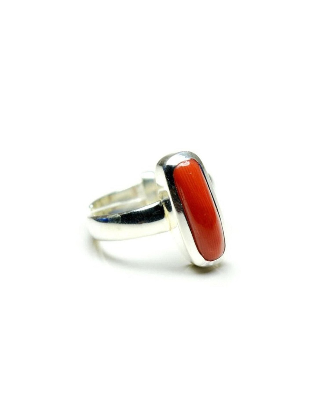 elitemart Unisex Silver-Plated Coral Gemstone Studded Rectangular Shape Finger Ring