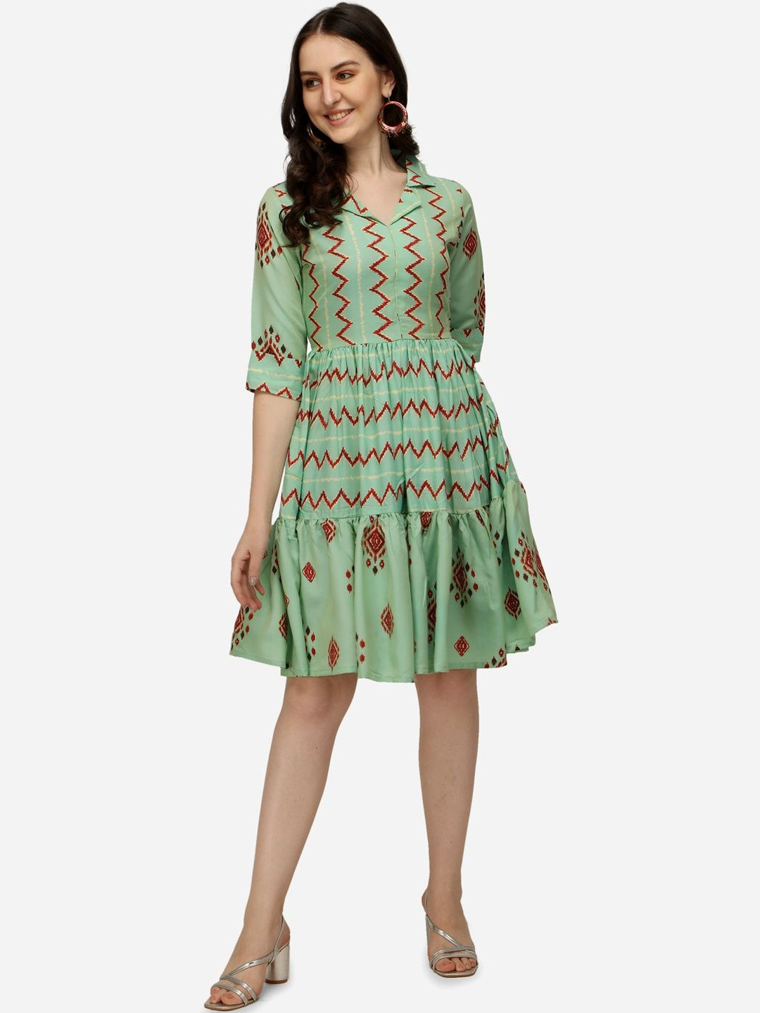 KALINI Women Striped Lapel Collar Viscose Rayon Flared Knee Length Anarkali Kurta