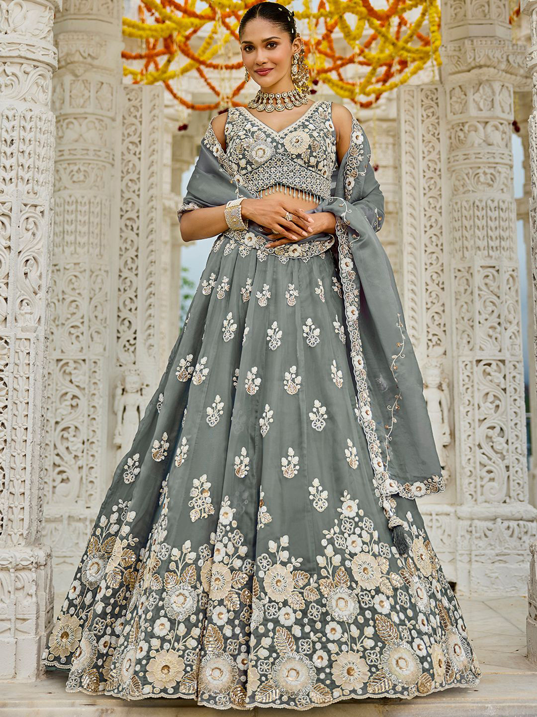 panchhi Rama Embroidered Organza Beads & Stones Ready To Wear Lehenga & Choli With Dupatta
