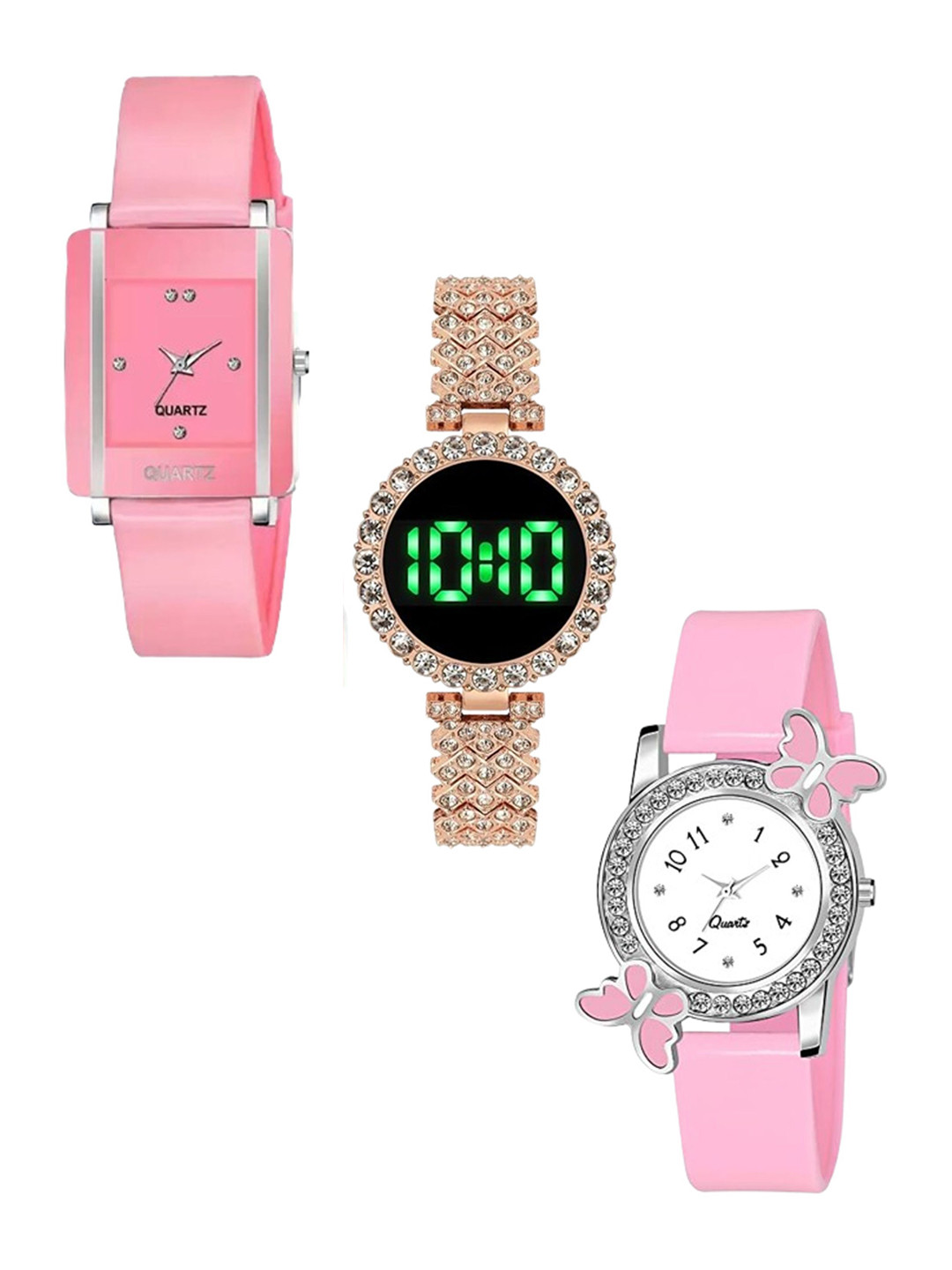 THE SHOPOHOLIC Women Pack Of 3 Dial & Synthetic Straps Analogue Watch TR-K-BF-PINK