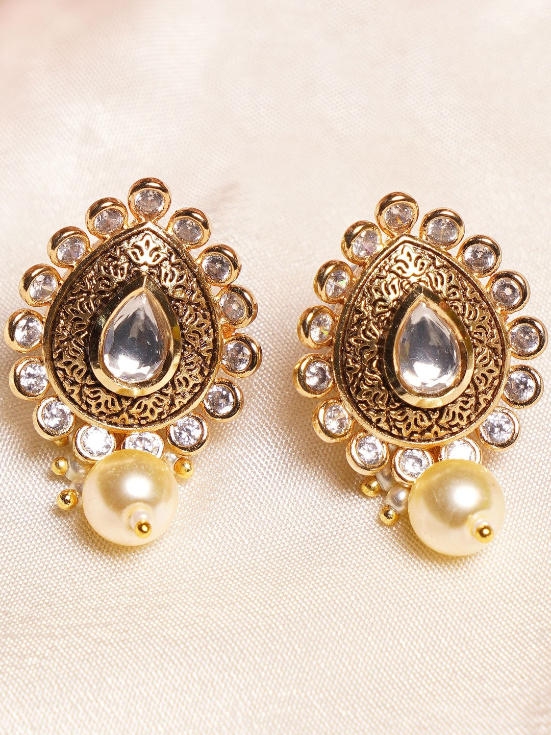 JAYPORE Gold-Plated Artificial Stone Studded & Pearls Beaded Teardrop Shaped Drop Earrings