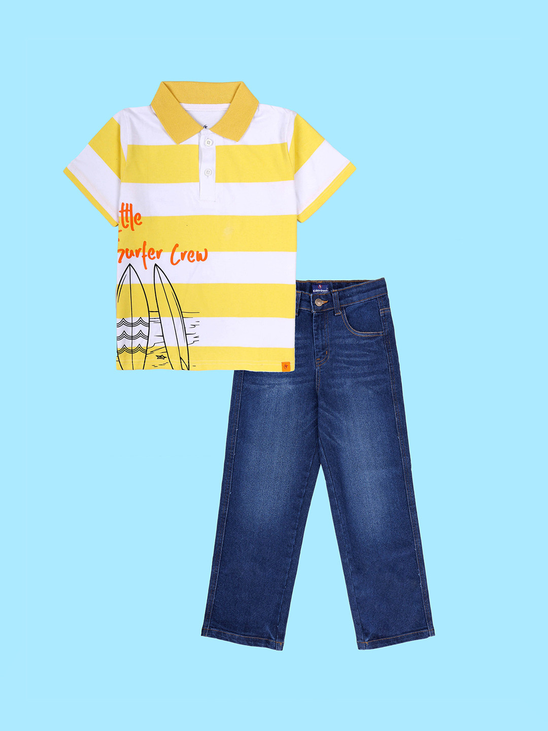 KiddoPanti Boys Striped Polo T-shirt with Straight Fit Jeans Clothing Set