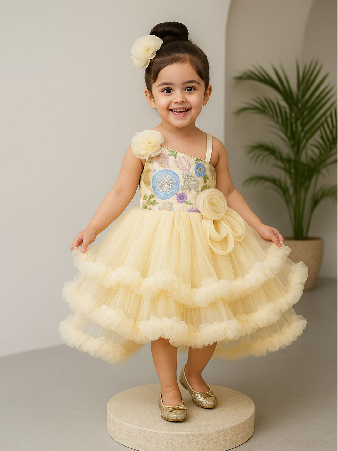 Lagorii Girls Yellow Embroidered Ruffle Party Frock with Floral Accents