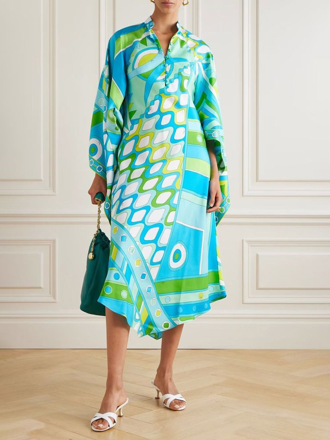 LULU & SKY Women Abstract Printen Kimono Sleeve Kaftan Midi Dress