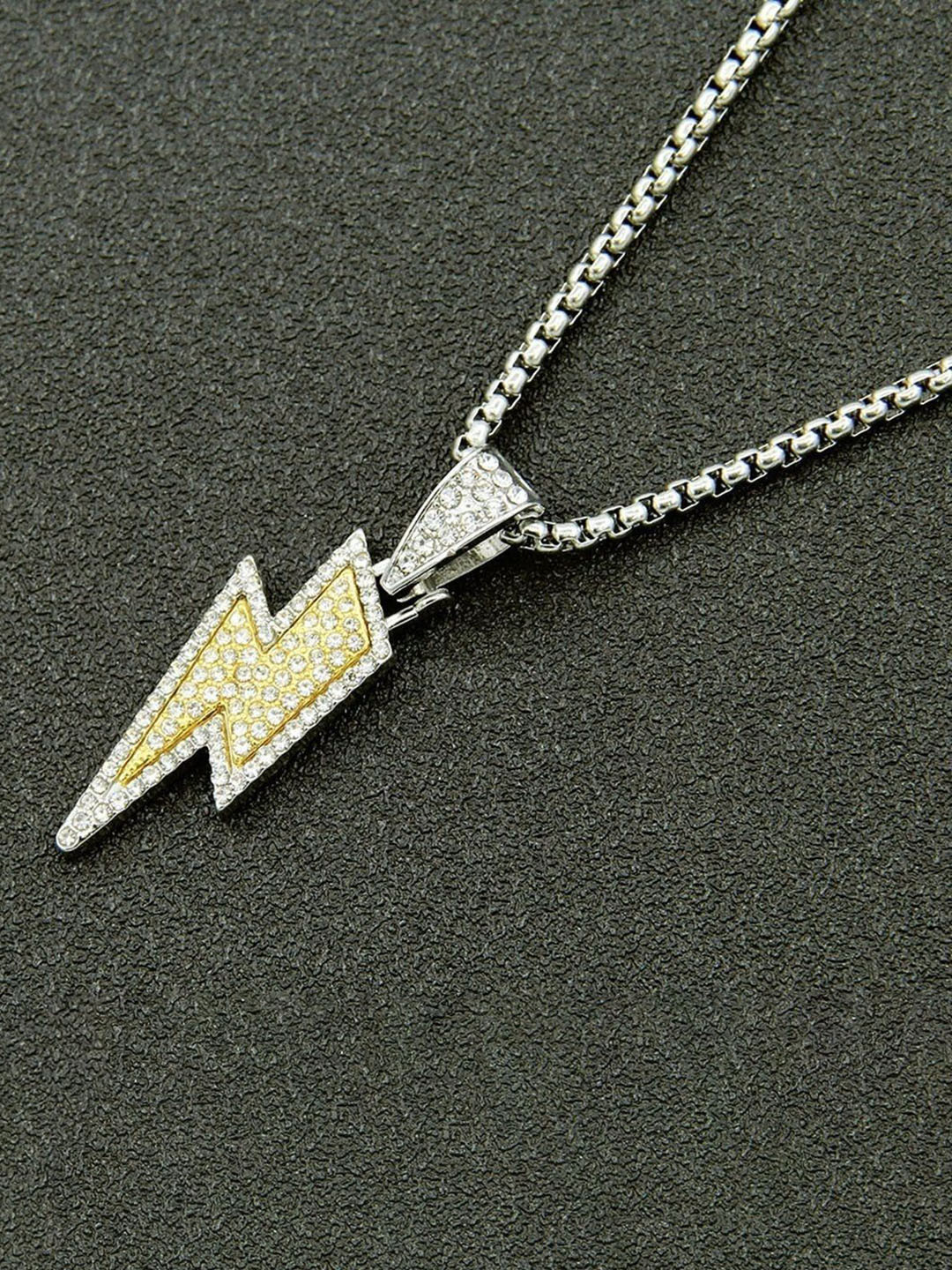 Tustrion Unisex Silver-Plated Cubic Zirconia Studded Flash Shape Pendant With Chain