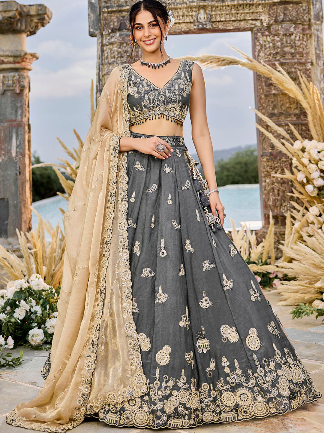 panchhi Grey Embroidered Beads & Stones Tissue Ready To Wear Lehenga & Blouse With Dupatta