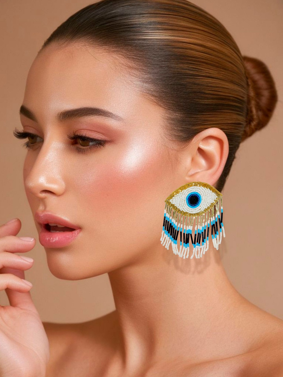 Abeo Artificial Beaded Tasselled Evil Eye Shaped Drop Earrings