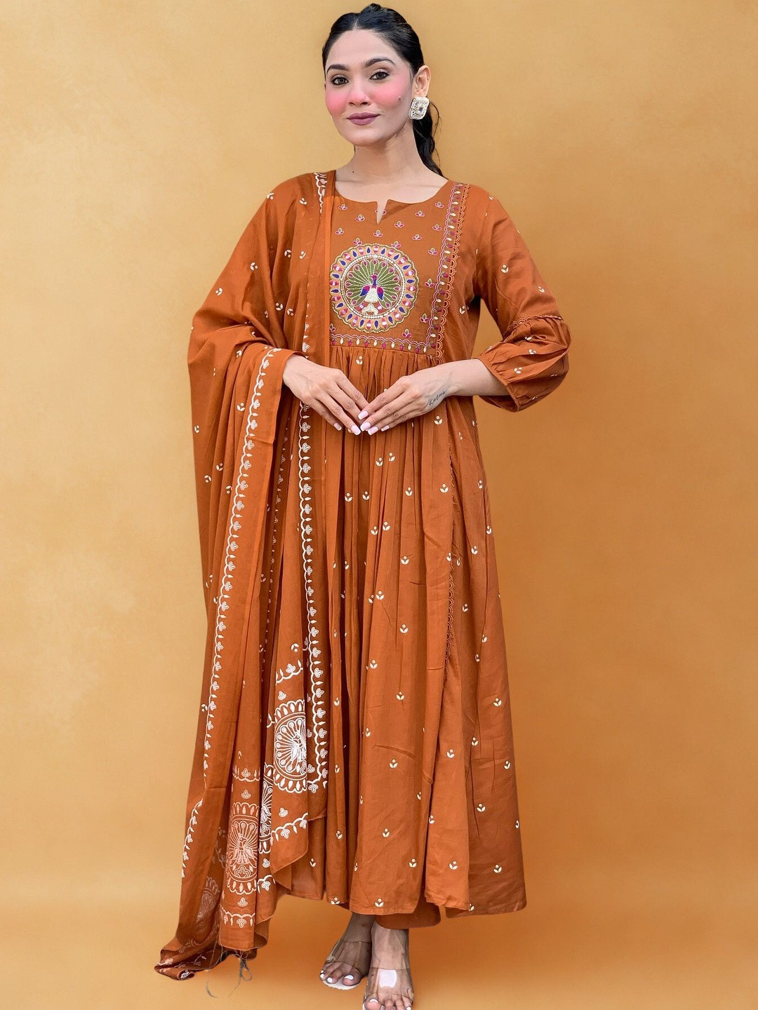Morang Cotton Ethnic Motifs Embroidered Chanderi Anarkali Kurta With Trousers & Dupatta