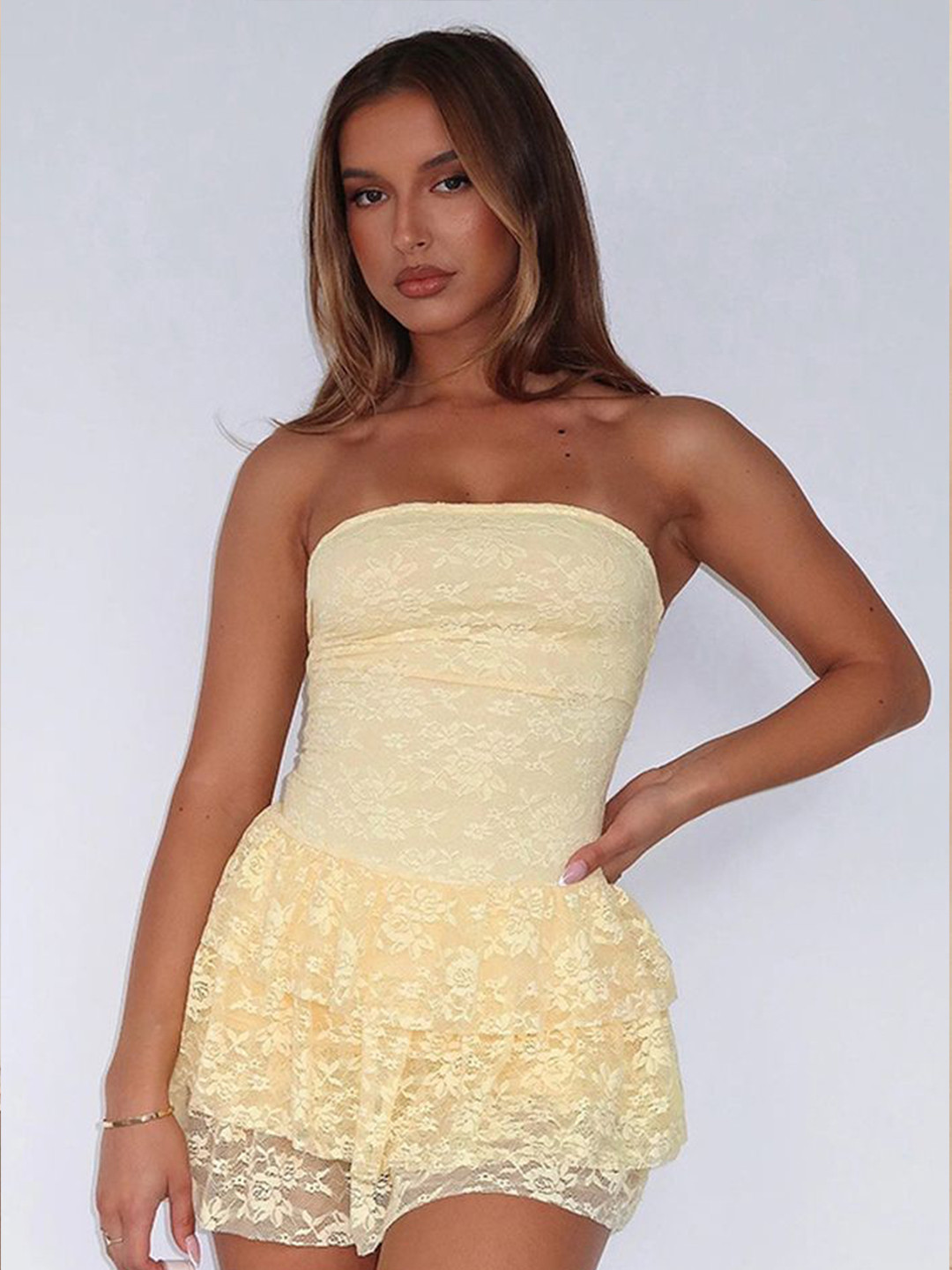 LULU & SKY Women Yellow Strapless Lace Tiered Mini Dress