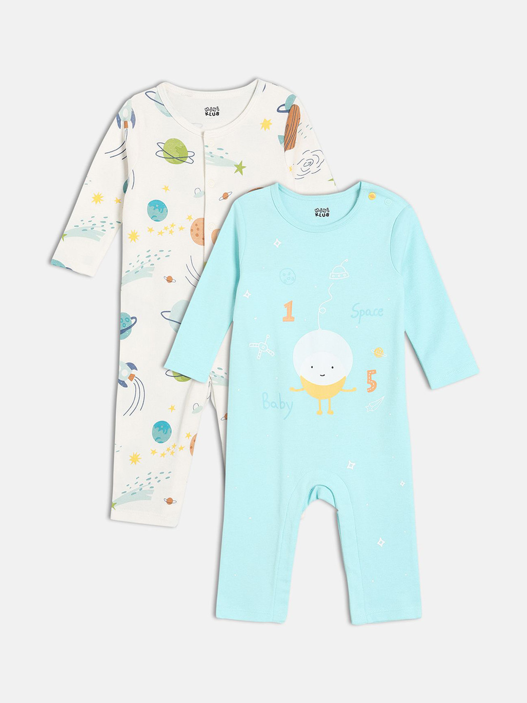 MINI KLUB Boys Pack Of 2 Planets Printed Cotton Full Sleeves Rompers