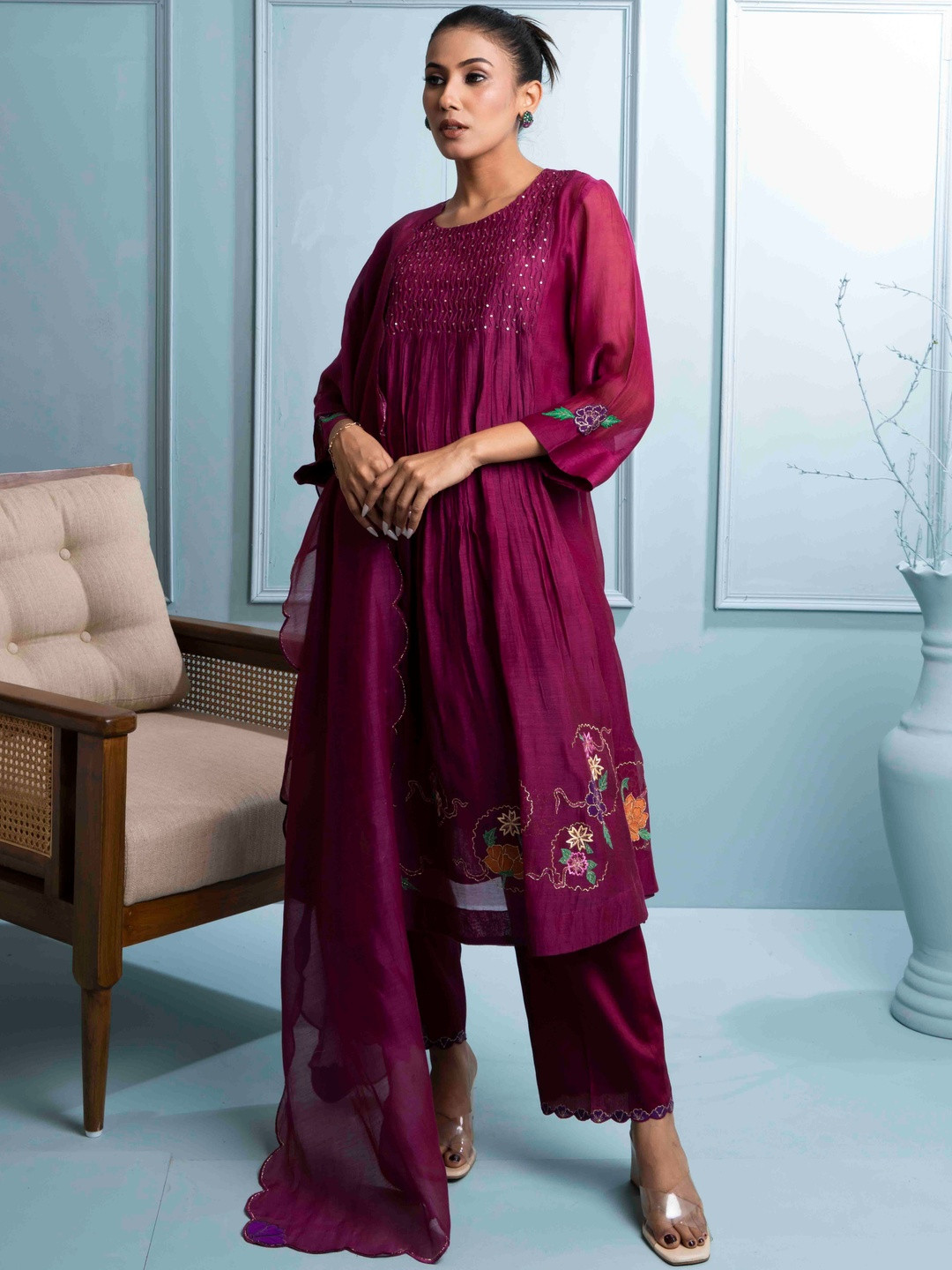 The White Tree Studio Women Ethnic Motifs Printed A-Line Kurta with Trouser & Dupatta