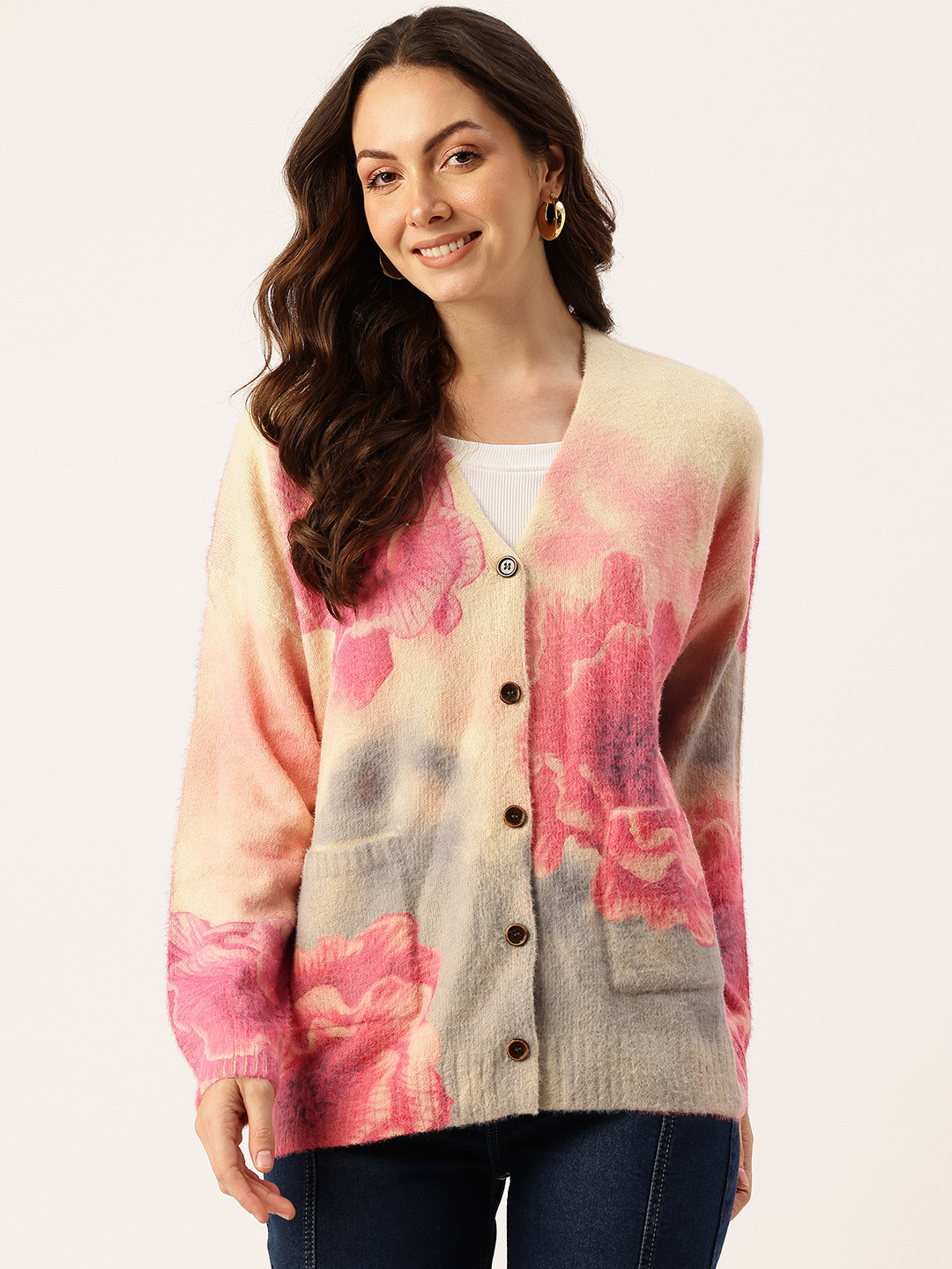 APSLEY Floral Self-Design V-Neck Drop-Sleeves Oversized Button-Down Cardigan