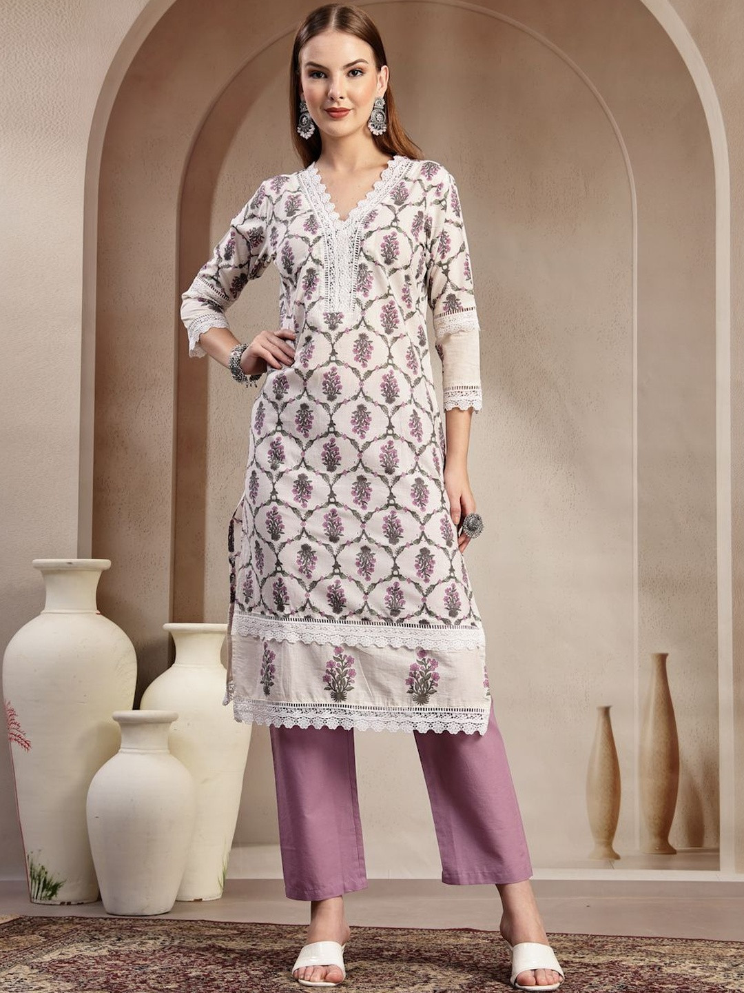 Shangri LA MS Designs Floral Printed Thread Work Pure Cotton Kurta With Trousers & Dupatta