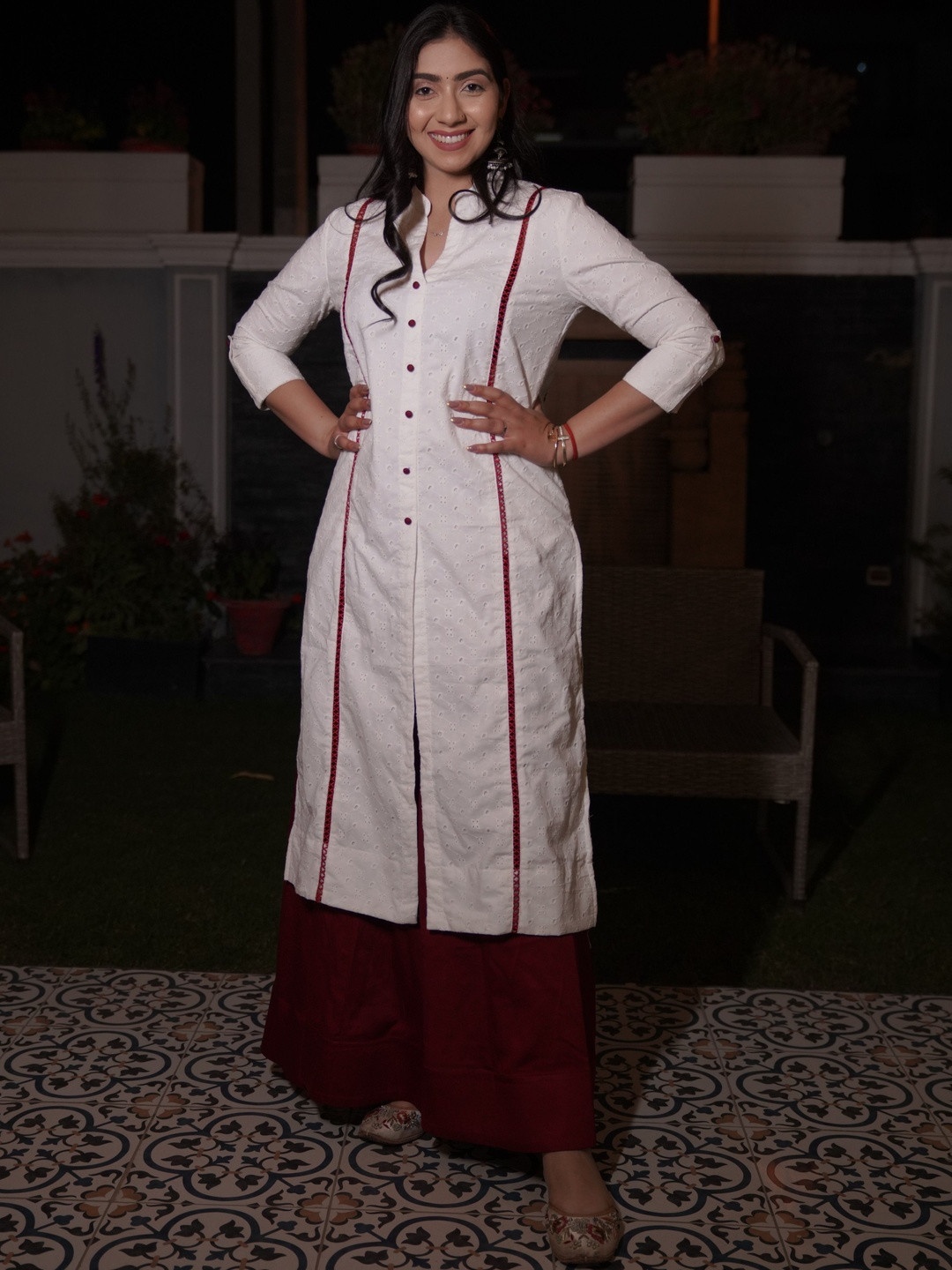 IMONI Women Schiffli Work Pure Cotton Kurta with Palazzos