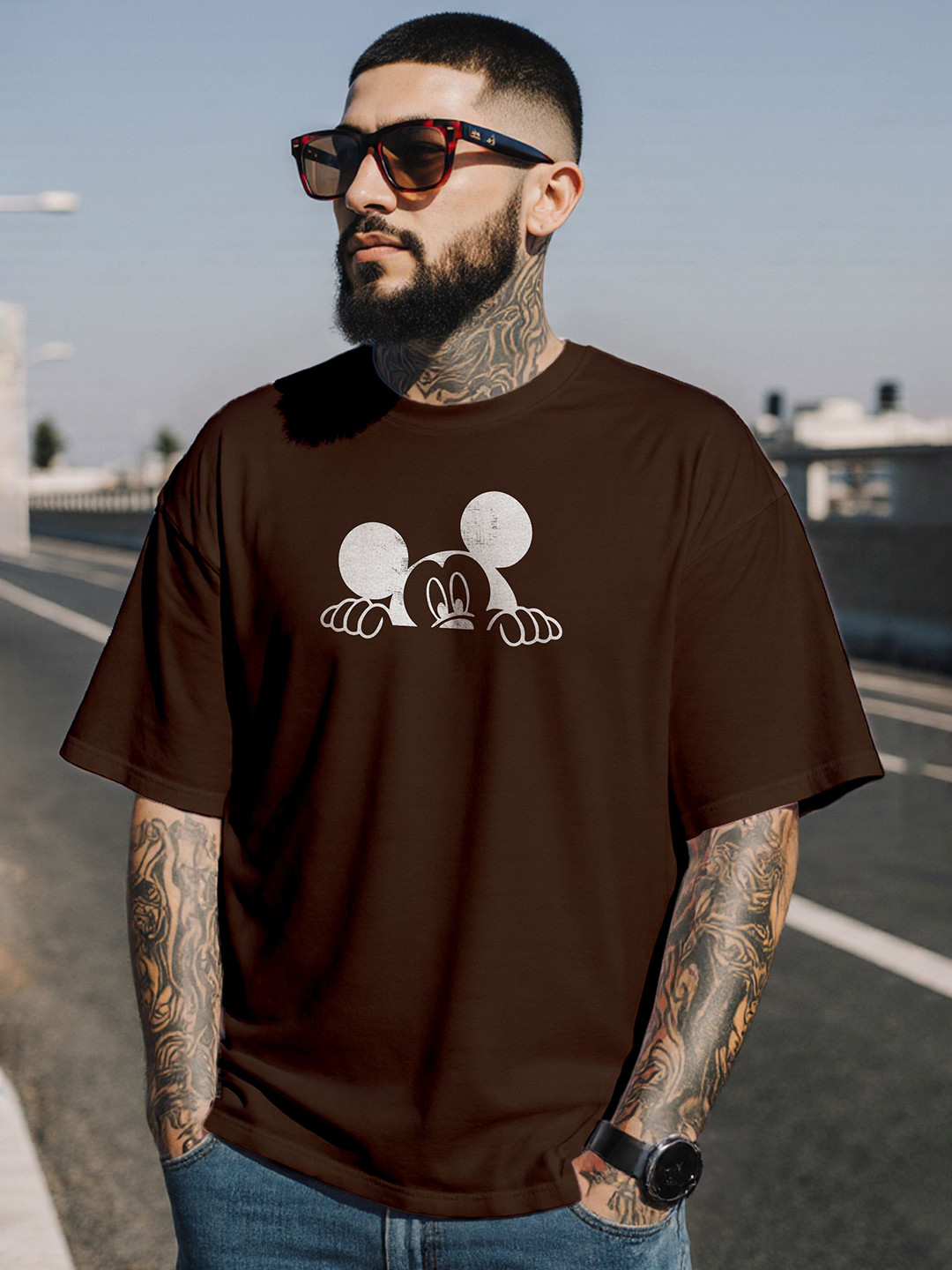 MaverIQ Men Mickey Mouse Graphic Printed Round Neck Cotton Oversized T-shirt