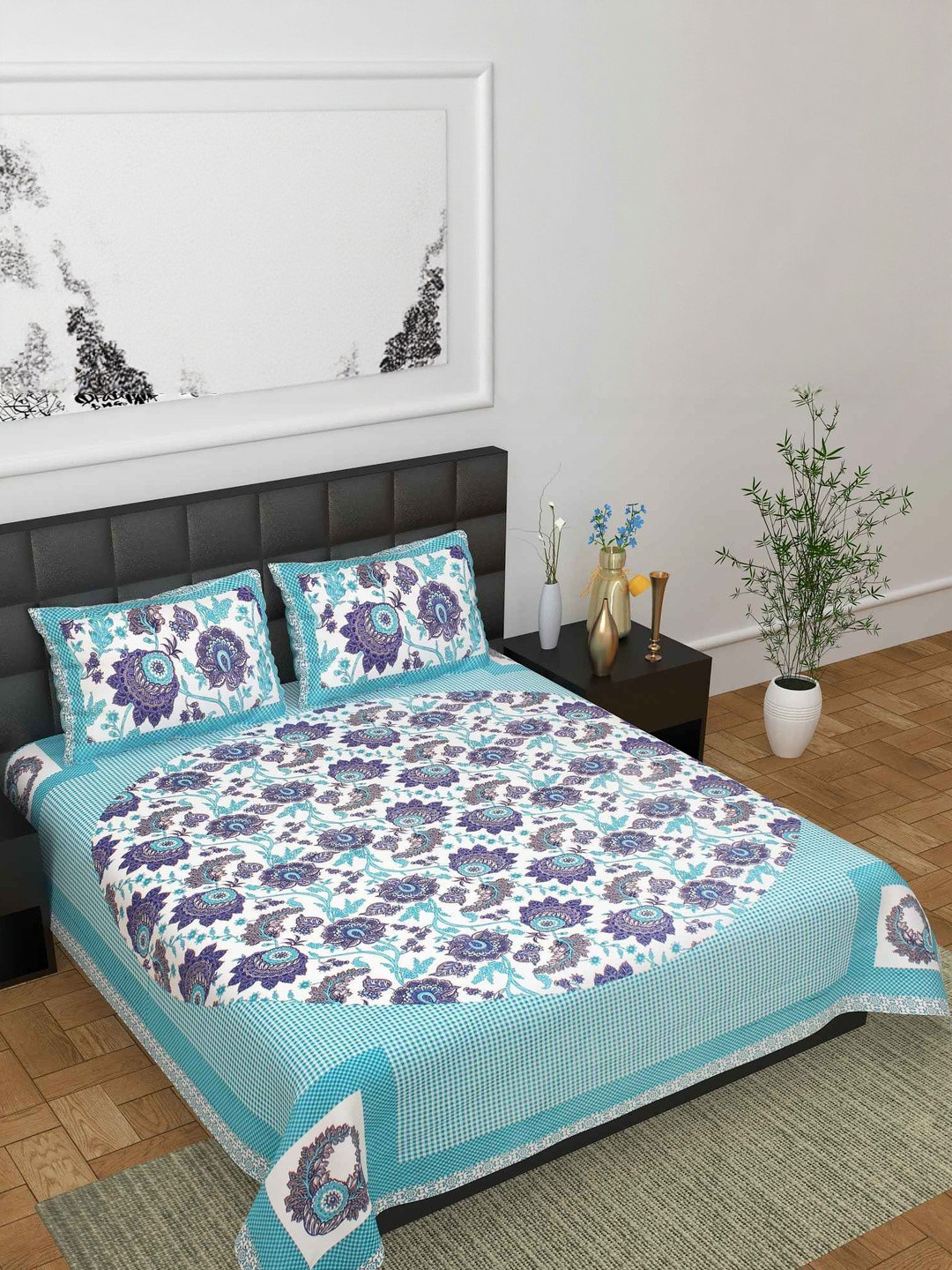 Salgia Blue Cotton Superfine King Bedsheets