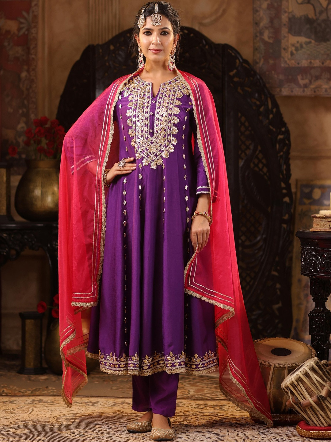 SCAKHI Purple-Fuchsia Yoke Design Dupion Silk Gota Anarkali Kurta Trouser With Dupatta