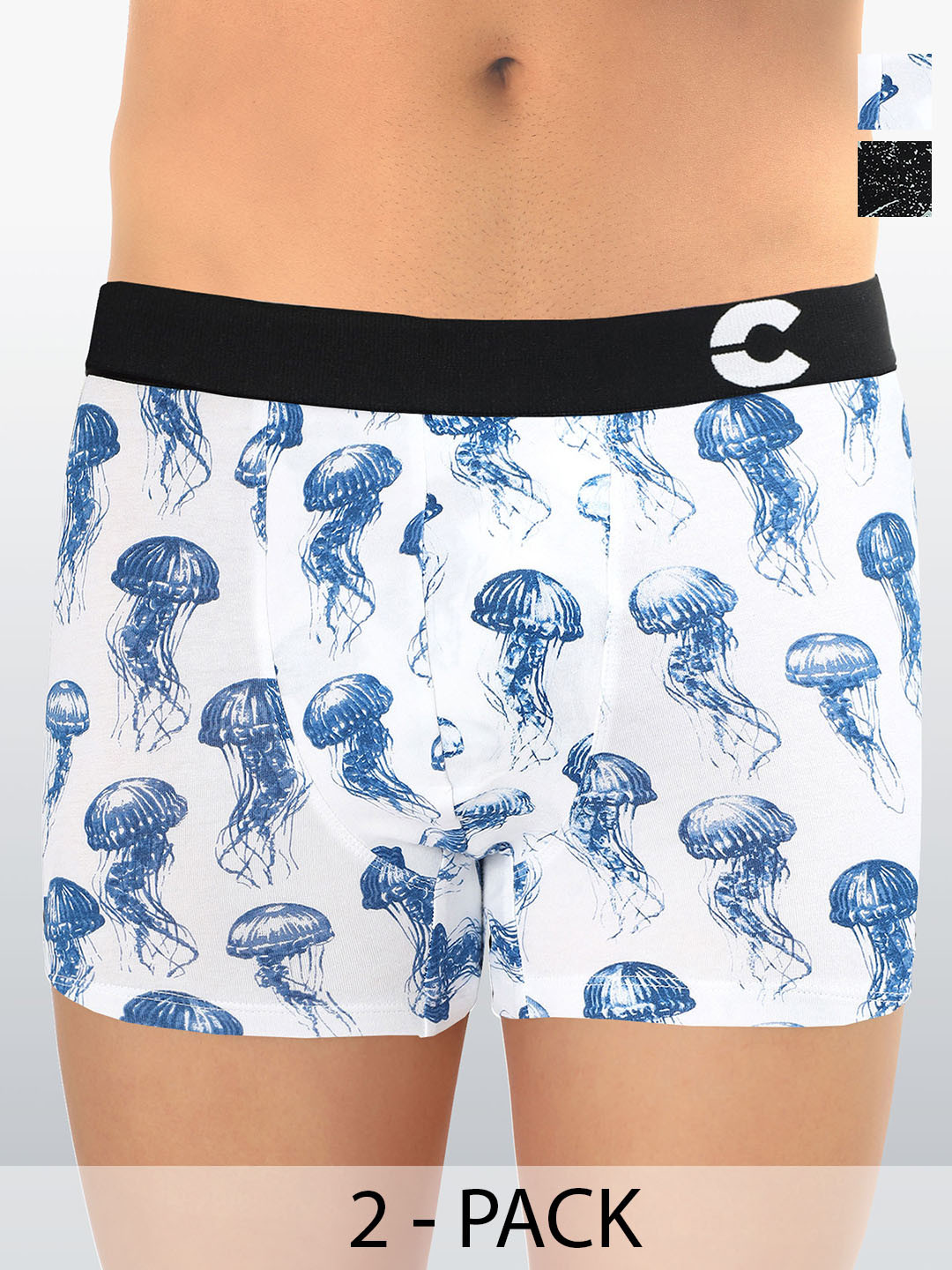 FREECULTR Pack Of 2 Printed Anti Bacterial Cotton Trunks FC-CTN-PT-T-LG-JFWHT-NLBLK