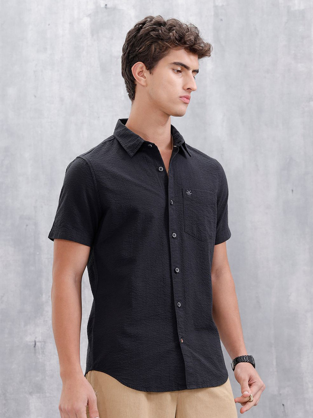 WROGN Slim Fit Textured Spread Collar Pure Cotton Casual Shirt