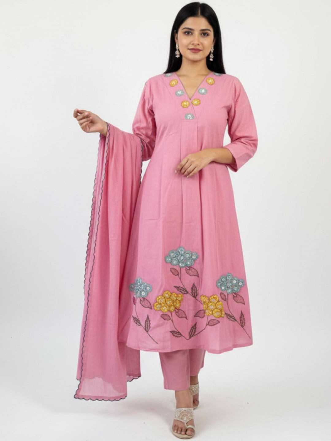 Hasthrachna Women Floral Embroidered Cotton A-Line Kurta with Trousers & Dupatta