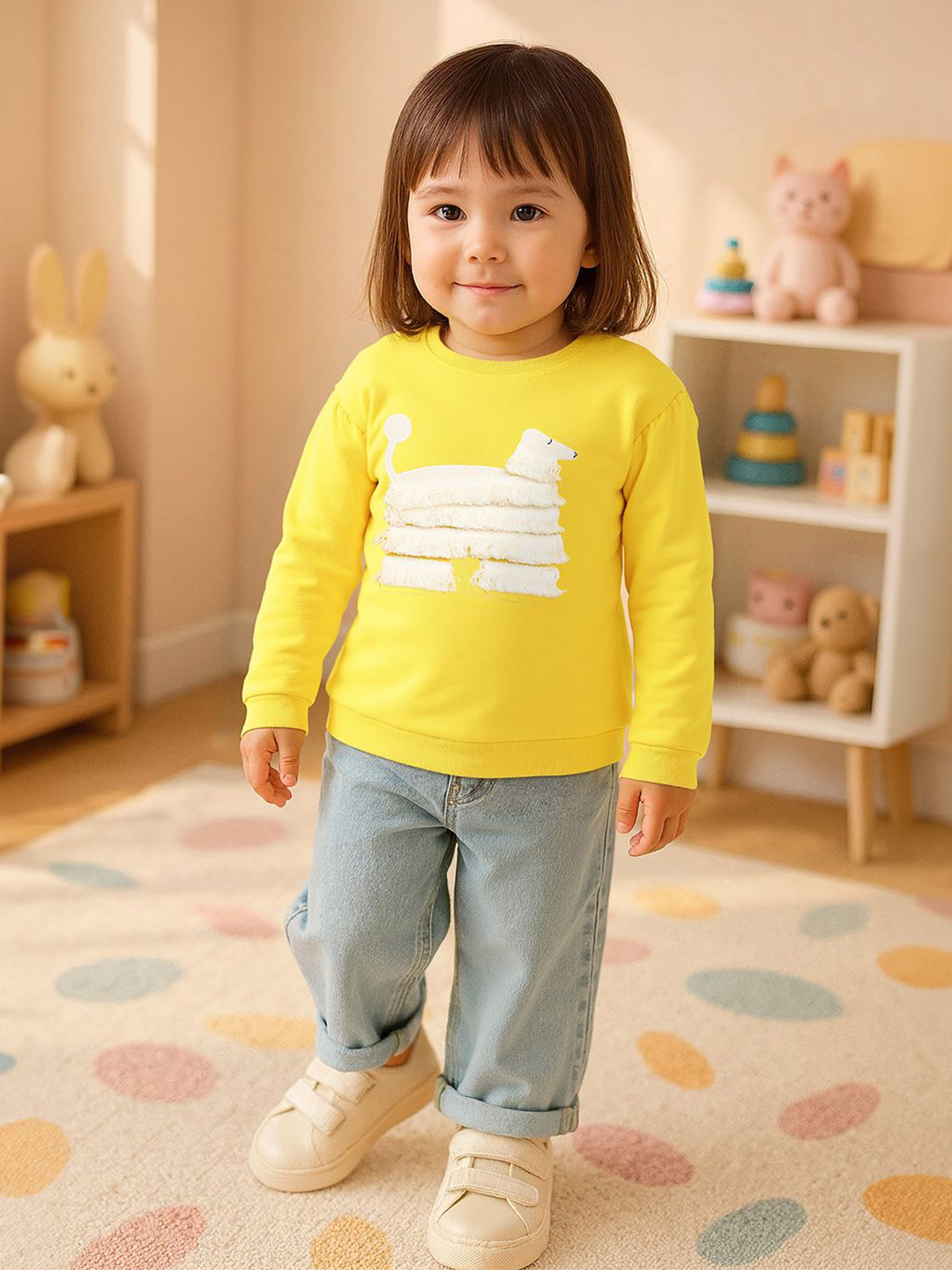 MINI KLUB Girls Animal Embroidered Round Neck Applique Full Sleeve Sweatshirt