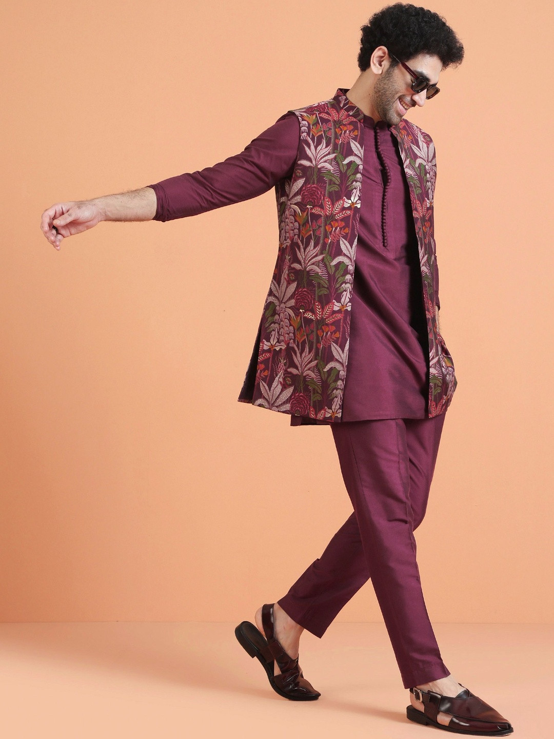 KISAH Men Men Multi Color Floral Mid Kurta Front Open Long Jacket Trouser Set