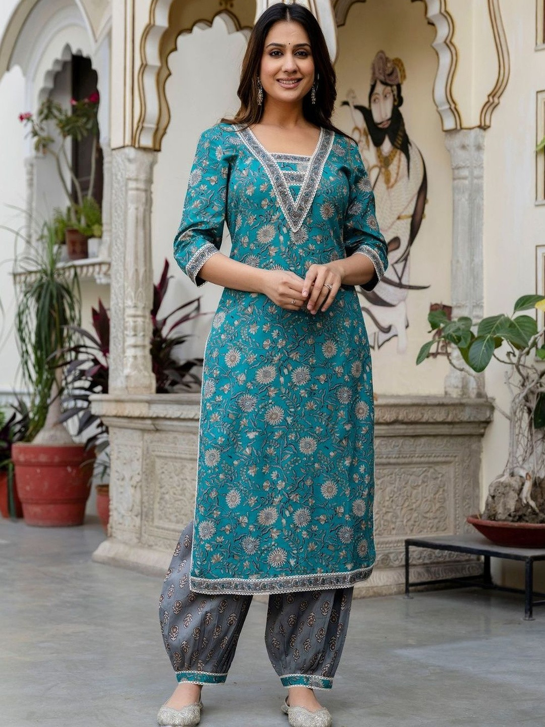 Tushti Floral Printed Patchwork Pure Cotton Kurta With Salwar & Dupatta