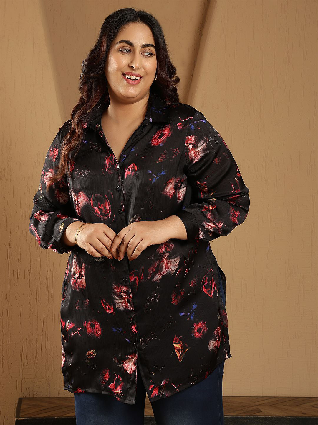 Amydus Women Plus Size Floral Printed Satin Shirts