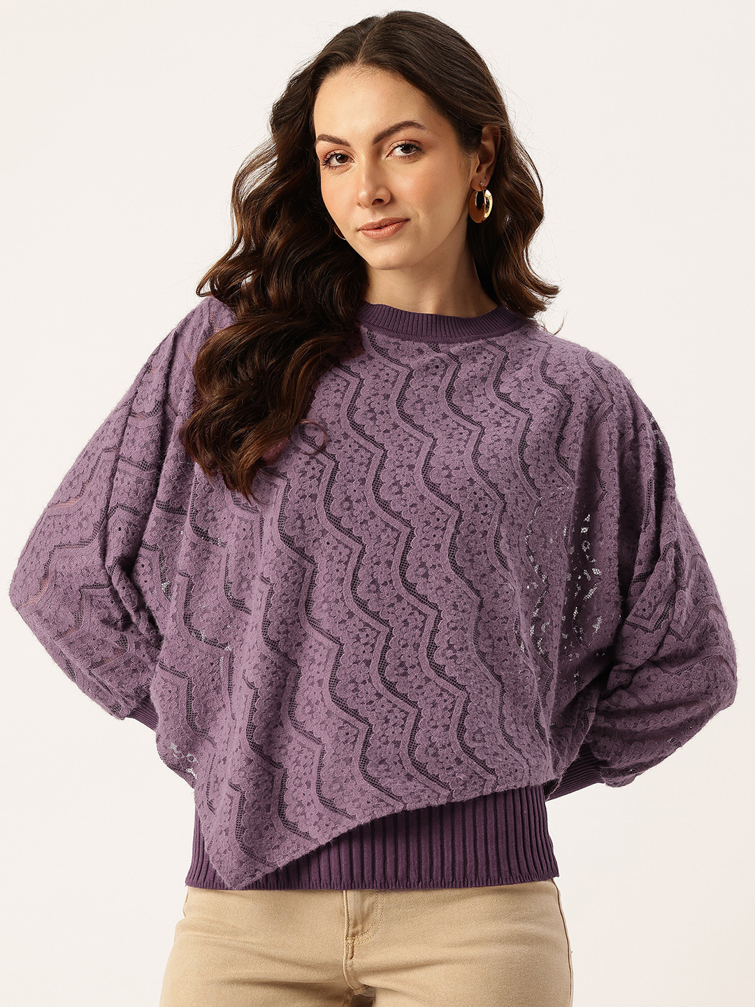 APSLEY Floral Self-Design Asymmetric Poncho-Style Lace Pullover with Inner Lining