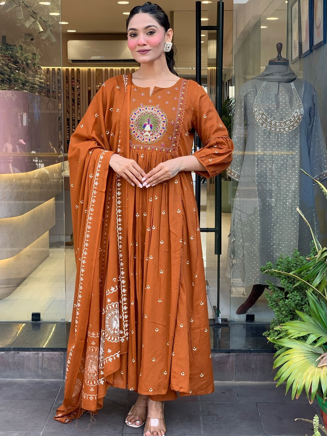Morang Ethnic Motifs Embroidered Thread Work Kurta Anarkali With Trousers & Dupatta