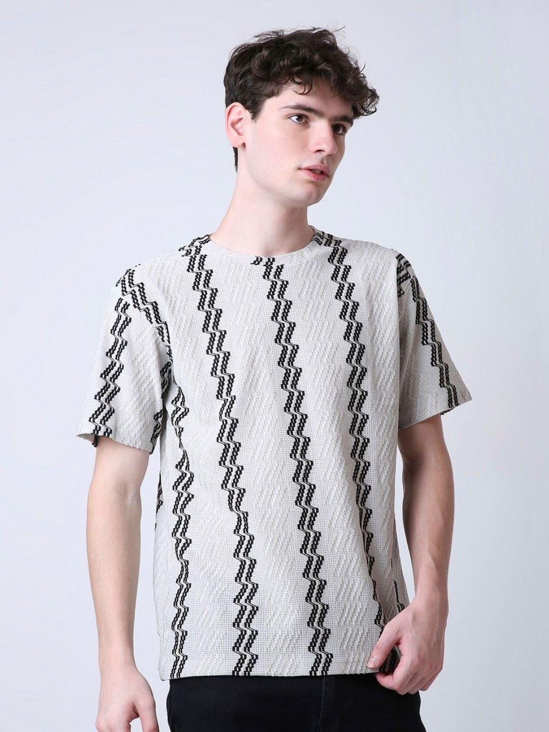 Blnk Self Design Round Neck Relaxed Fit T-Shirt