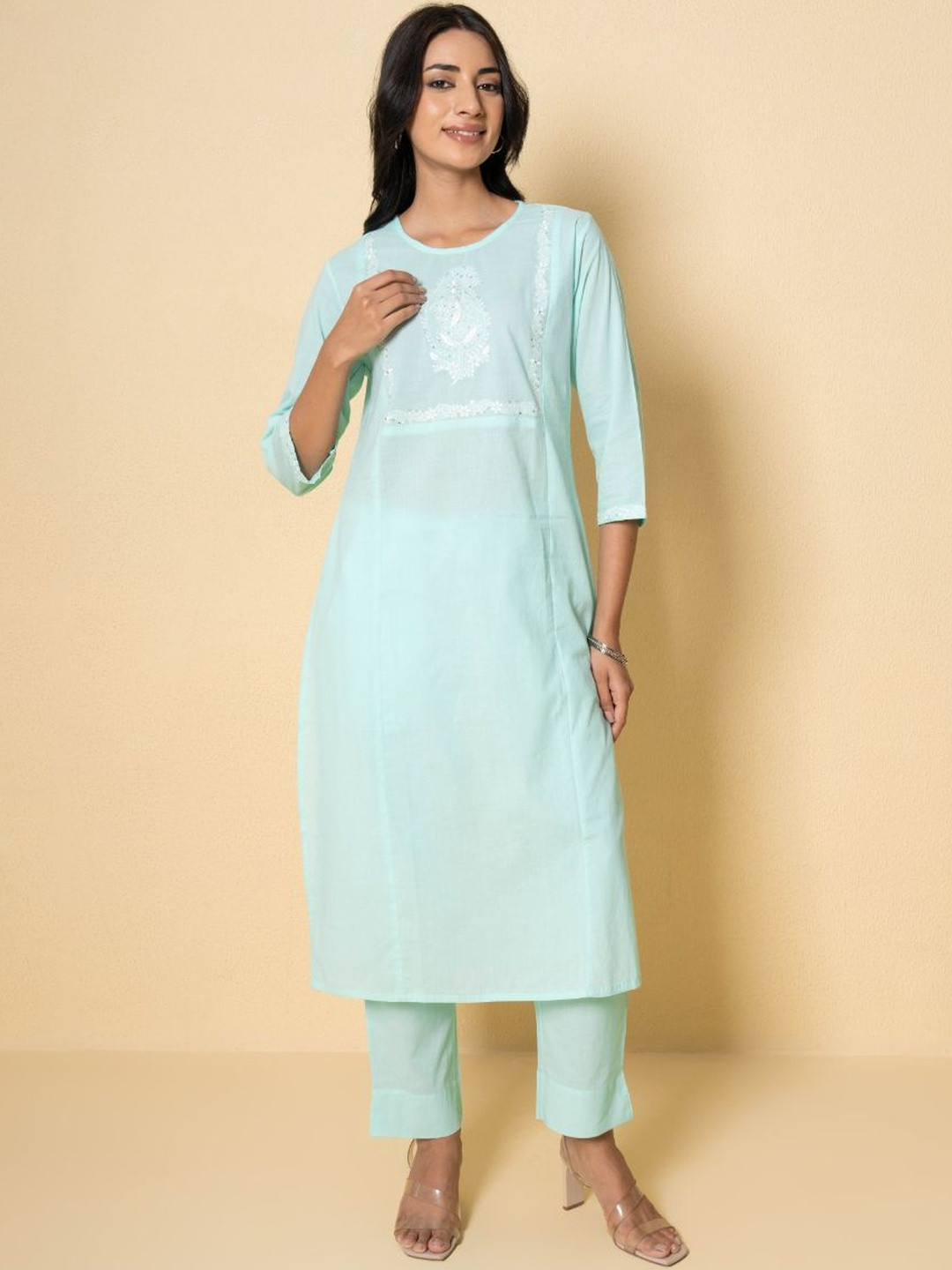 Pink Earth Embroidered Thread Work Pure Cotton Kurta With Trousers