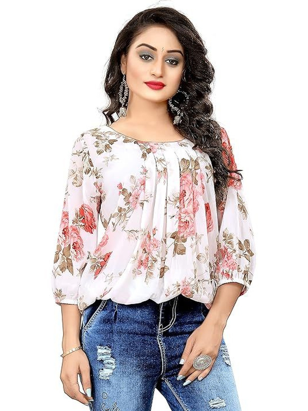 Nigel Designer Floral Print Puff Sleeve Regular Top