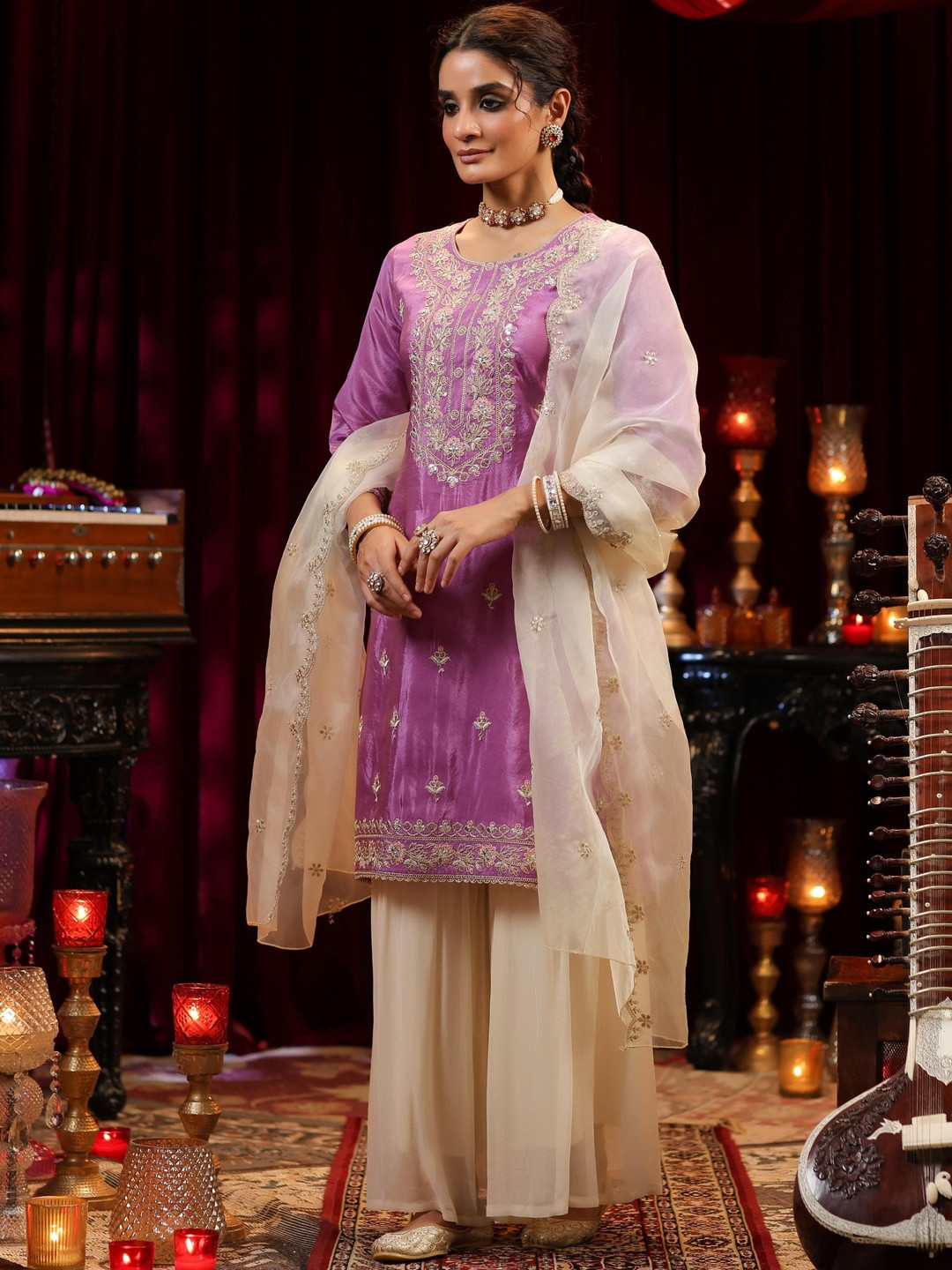 SCAKHI Purple-Ivory Shimmer Embroidered Organza Thread Work Kurta & Sharara With Dupatta