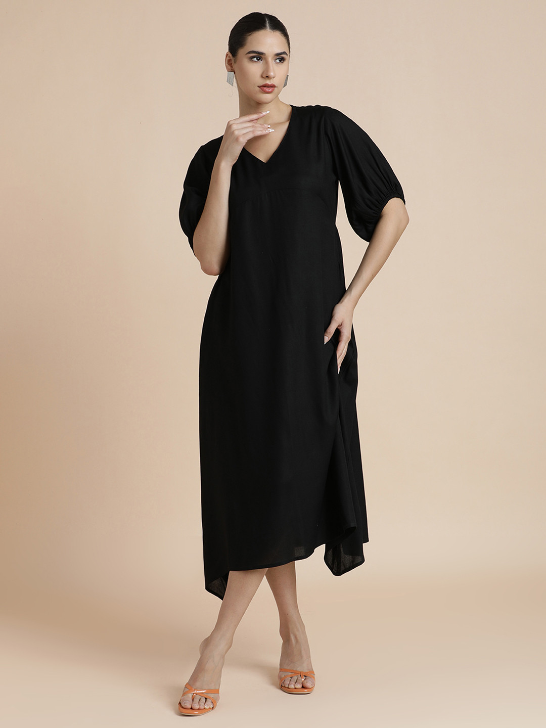 BLACK & BLAH BLAH Women V-Neck Puff Sleeve A-Line Midi Dress