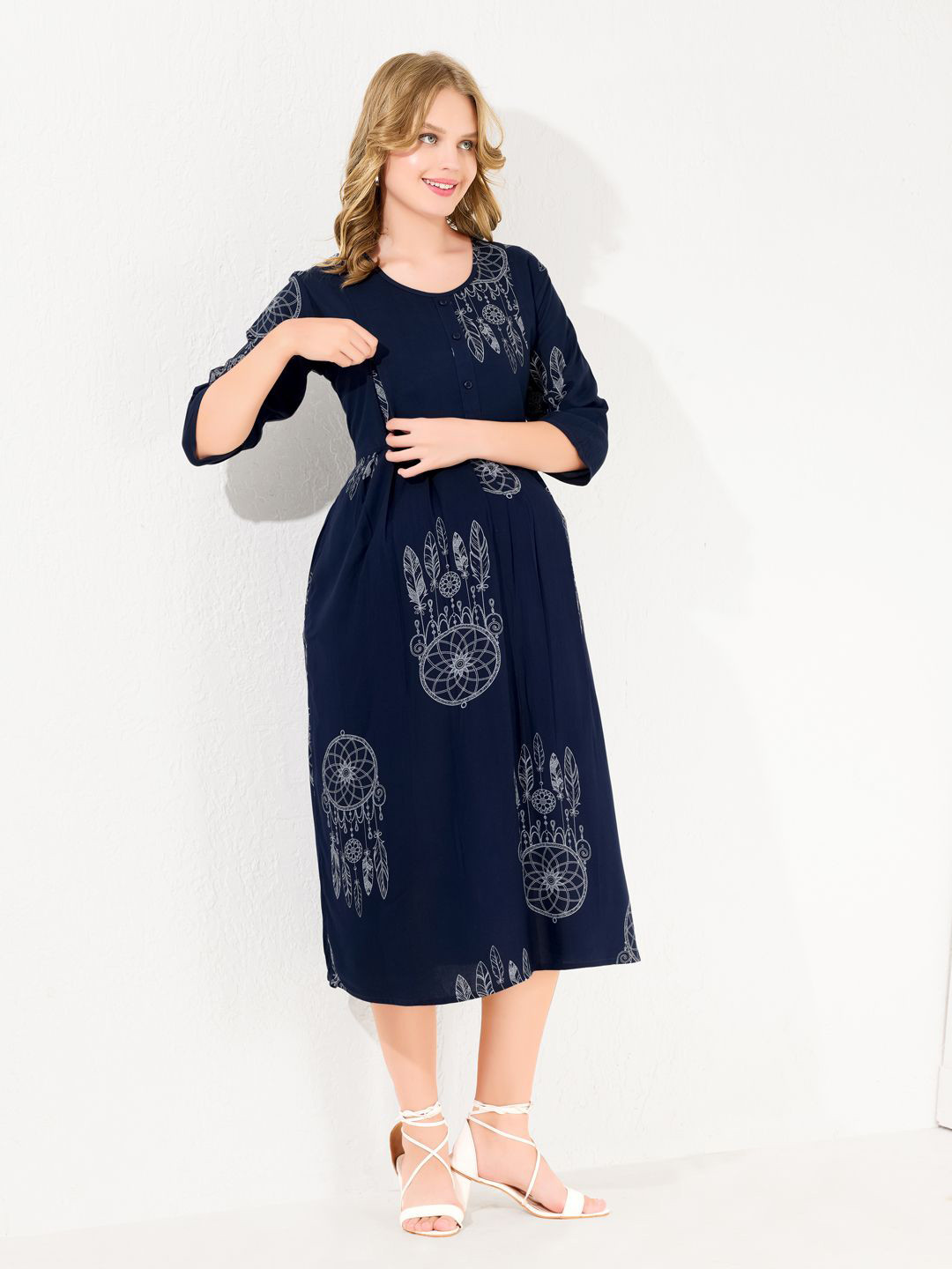 QUIRA Bohemian Printed Gathered or Pleated Maternity A-Line Midi Maternity Dress