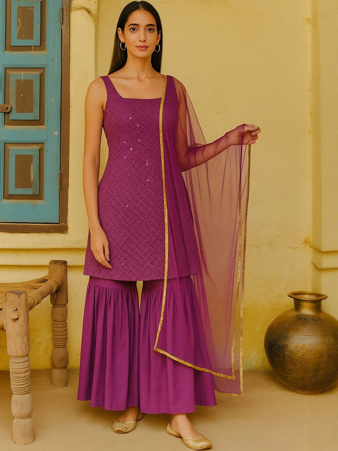 THIRD QUADRANT Women Cotton Blend Sequinned Kurta with Sharara & With Dupatta