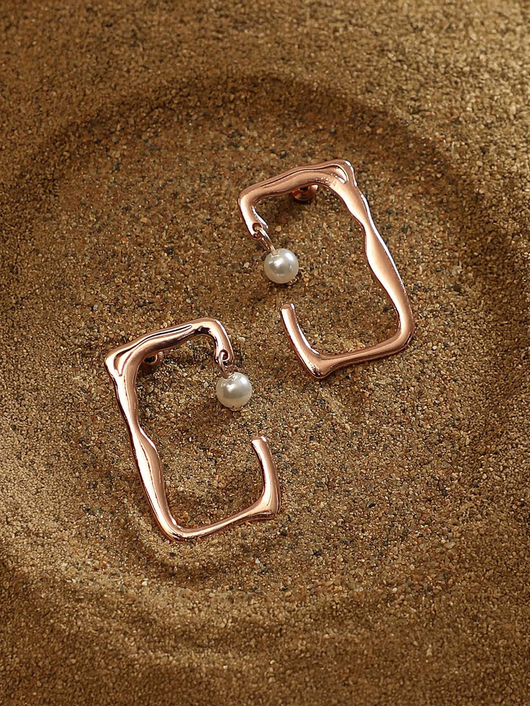SOHI Rose Gold-Plated Pearls The Cadre Square Shaped Drop Earrings