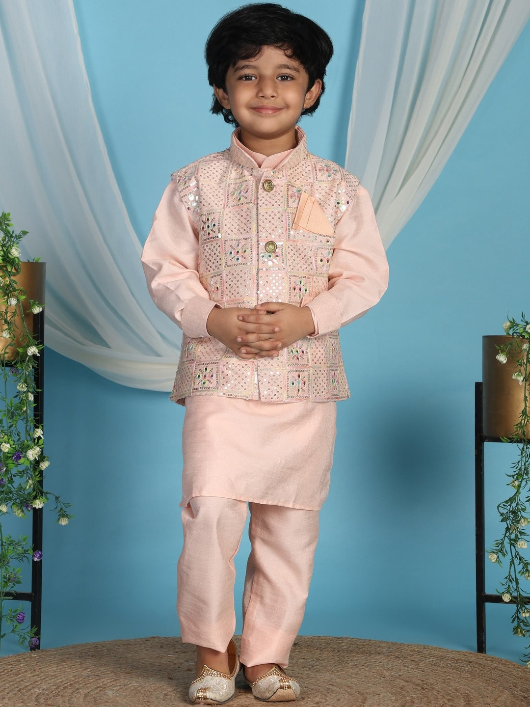 Pro-Ethic STYLE DEVELOPER Boys Solid Silk Kurta with Pyjama & Nehru Jacket