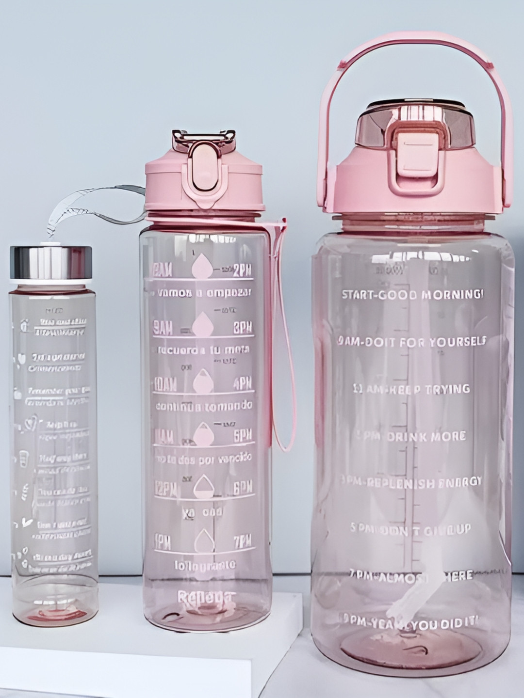 Virtuous Pink Set of 3 Typography Printed Water Bottle Tip Open