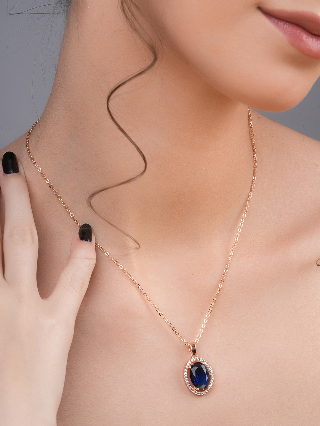 STYOLLO Rose Gold-Plated American Diamond Studded Oval Pendant With Chain